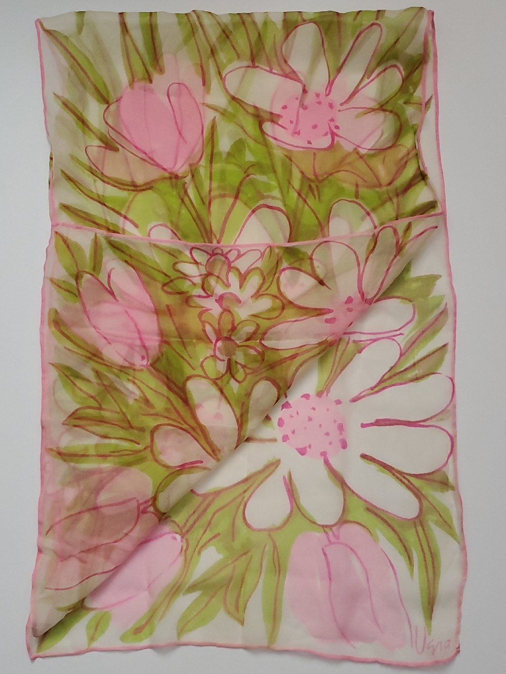 VERA NEUMANN Women's Scarf PINK FLORAL MOD Sheer Rectangle 13" X 42"
